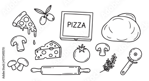 Handdrawn doodle illustration of pizza ingredients and tools, including a slice of pizza, cheese, mushrooms, tomato, and dough isolated on transparent background