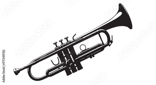 Black and white illustration of a trumpet, isolated on transparent background