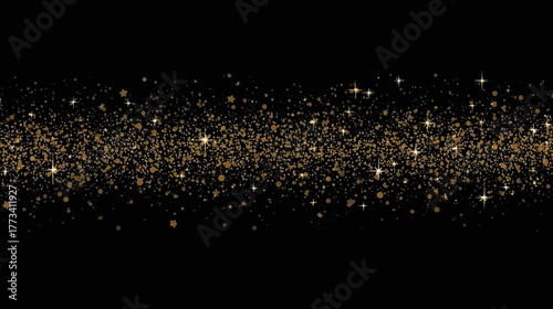 Golden glitter sparkles and dust particles create a magical and luxurious effect against a dark background, perfect for adding elegance to any design.