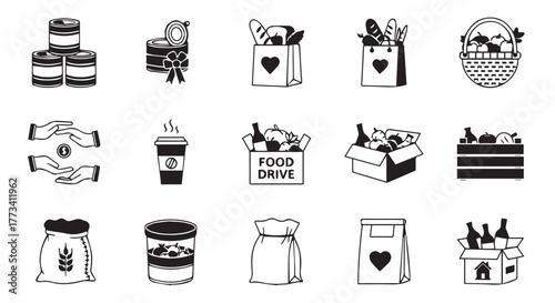 Collection of food drive and donation icons isolated on transparent background