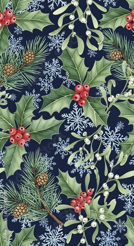 Winter holiday botanical seamless pattern. Traditional holly, mistletoe, pine branches, cones, and snowflakes on deep blue. Festive seasonal design