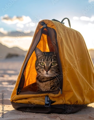 Tabby cat in a mustard-yellow travel carrier in desert