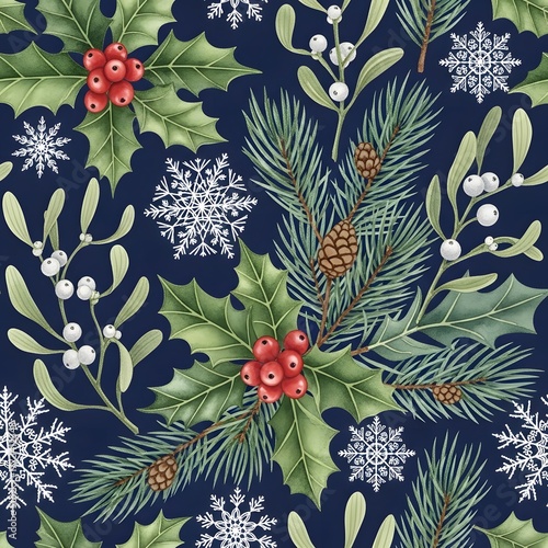 Seamless pattern of festive winter botanicals holly, mistletoe, pine branches, and snowflakes on dark blue. Ideal for holiday designs and seasonal backgrounds