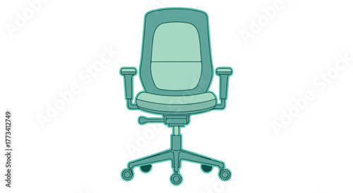 A teal office chair with armrests and a wheeled base, isolated on transparent background