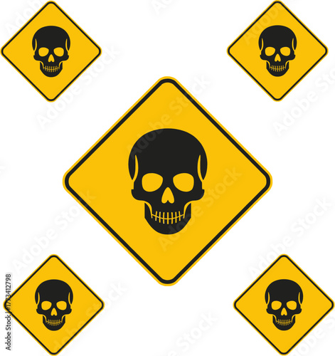 A striking arrangement of yellow and black skull warning signs creates a visually arresting pattern, symbolizing danger and caution on a white background.