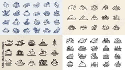 Hand-drawn doodle illustration of international dishes and meals. Includes global food icons and sketches, perfect for culinary posters, menus, and educational projects.