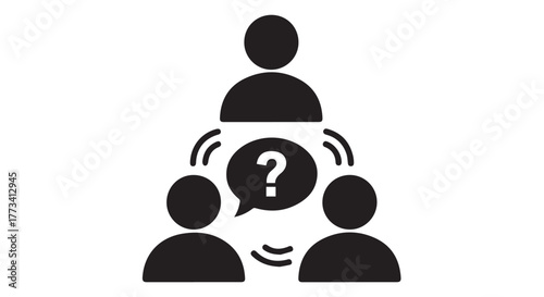 Icon representing a group discussion or meeting with a question mark isolated on transparent background