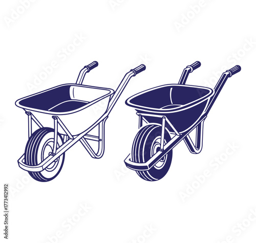 Two detailed blue wheelbarrow illustrations on white background for construction or gardening