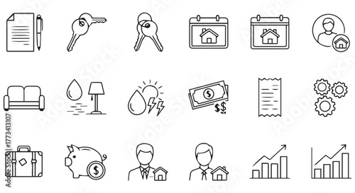 Collection of real estate and finance icons isolated on transparent background