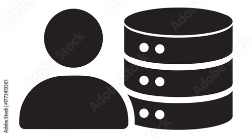 Silhouette icon of a person next to a stack of database servers isolated on transparent background