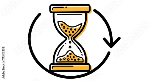 Hourglass with sand falling, surrounded by a circular arrow indicating time passing, isolated on transparent background