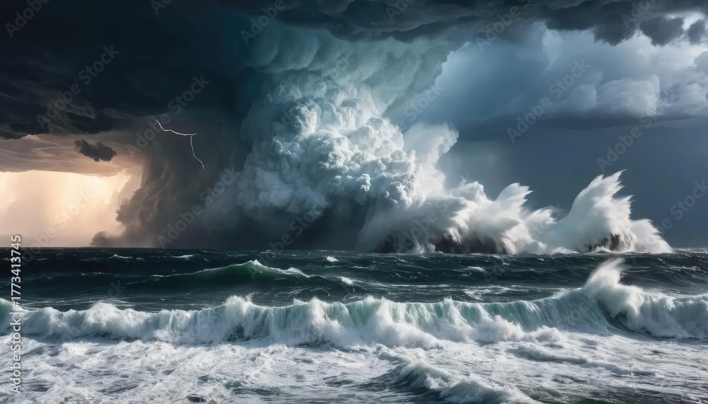 Obraz premium Dramatic seascape with large waves crashing under a stormy sky, featuring dark clouds and a hint of lightning.