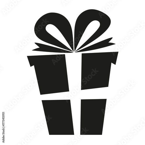 Black silhouette of gift box with ribbon and bow spikes isolated on white background, minimal holiday icon for celebration design