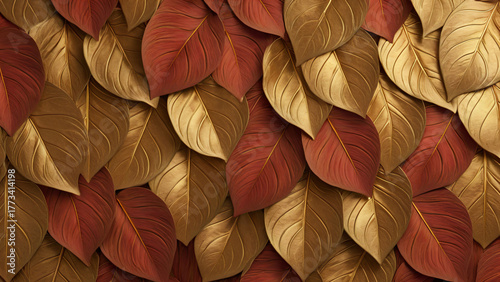 Volumetric abstract metal foliage: close-up composition of gilded overlapping leaves with deep relief and dark veins