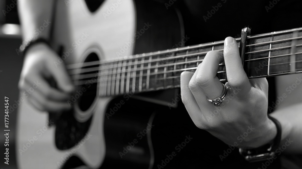 Fototapeta premium A person is playing a guitar with their right hand