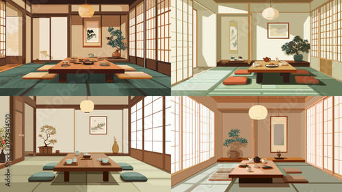Traditional Japanese tatami room with low table, sliding shoji doors, and minimal decor. Perfect for Asian interior design, culture, zen, or architectural concepts.