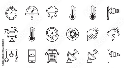 Collection of weather icons and symbols, isolated on transparent background