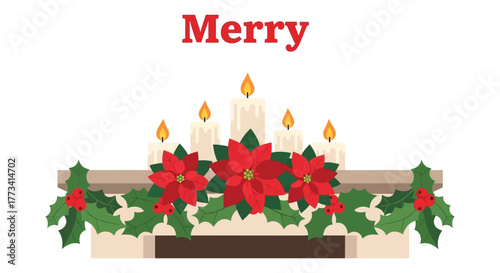 Candles and poinsettias adorn a festive mantelpiece for the holidays.