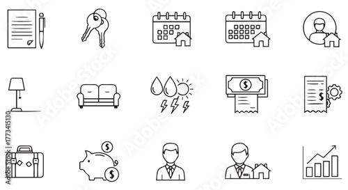 Collection of real estate and business icons, isolated on transparent background