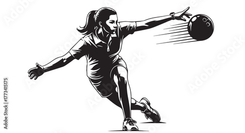 Woman bowling a strike with motion blur, isolated on transparent background