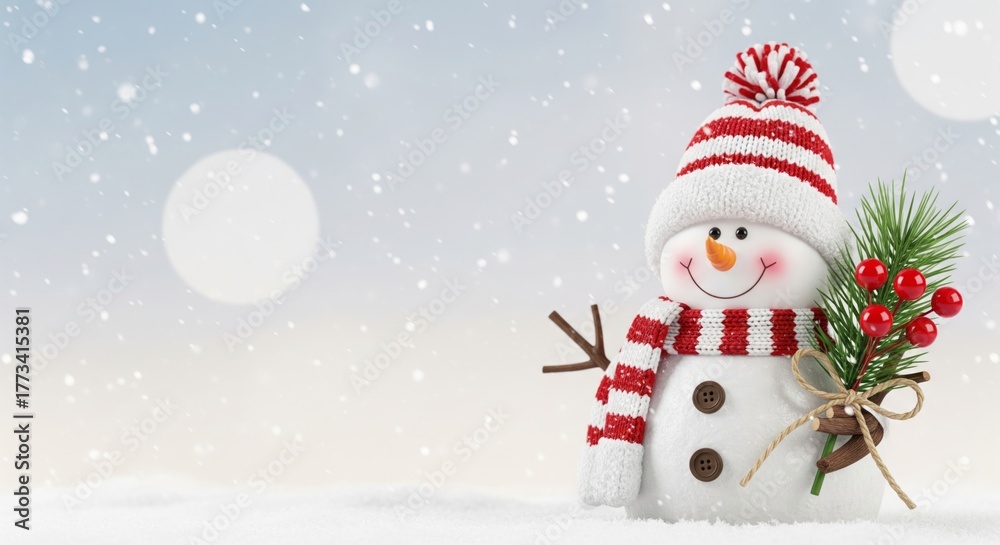 Fototapeta premium Cute Snowman Figurine with Pine Sprig and Red Berries on Snowy Background