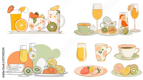 Stylish illustration of refreshing breakfast drinks with citrus, kiwi, and strawberry. Perfect for café menu design, summer beverage ads, and healthy lifestyle concepts.