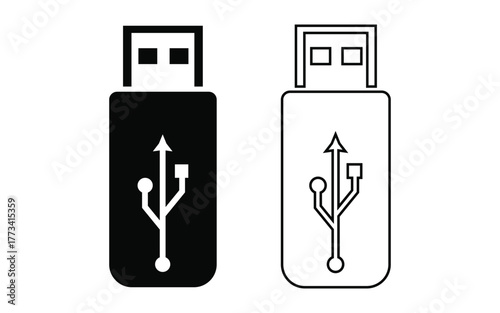 Two usb flash drive icons one solid black and one outlined in white isolated on white background