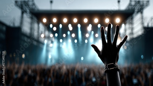 large crowd enjoys a vibrant concert as one hand reaches up towards the stage, illuminated by bright lights. atmosphere is filled with excitement at night