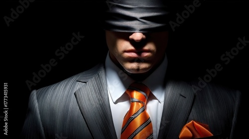 man dressed in a sharp suit stands still, his eyes covered by a blindfold. contrasting orange tie and pocket square highlight the dark setting, evoking an air of mystery