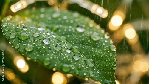 Green leaf covered in water droplets, golden bokeh background.