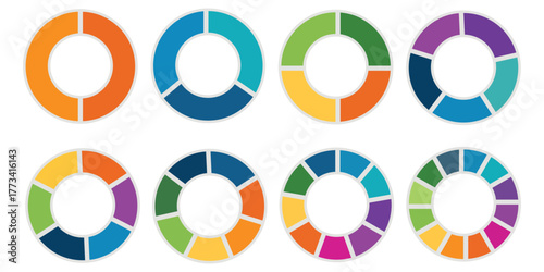  Circle division infographic icon set. Pie chart divided 3,4,5,6 equal parts. Color ring, donut round diagram. Infographic wheel segment and fraction. Vector illustration isolated on white background