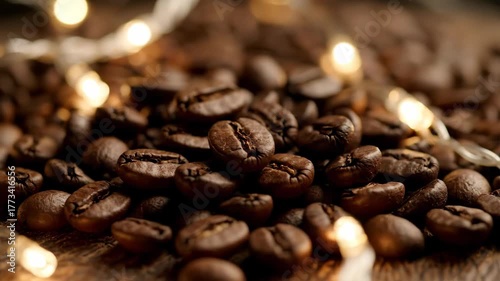 Pile of roasted coffee beans on rustic wood, holiday lighting