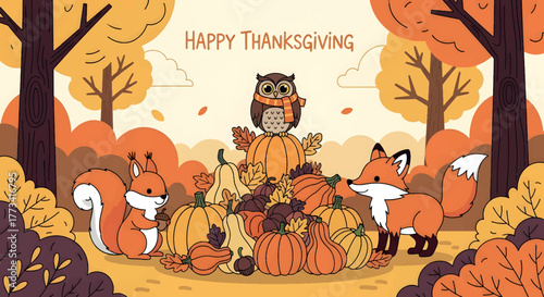 Cute Thanksgiving Illustration with Owl, Fox, Squirrel, and Pumpkins in Autumn Forest