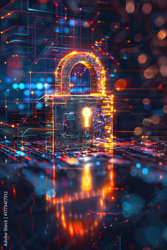 Fototapeta premium Glowing Digital Padlock with Binary Code – Futuristic Cybersecurity Background