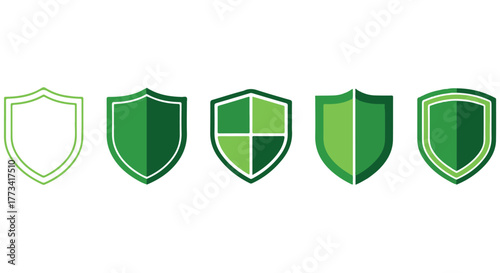 Green shields in different styles isolated on transparent background