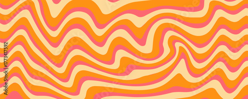 1970 Wavy Swirl Seamless Pattern in Orange and Pink Colors. Hand-Drawn Vector Illustration. Seventies Style, Groovy Background, Wallpaper, Print. Flat Design, Hippie Aesthetic.