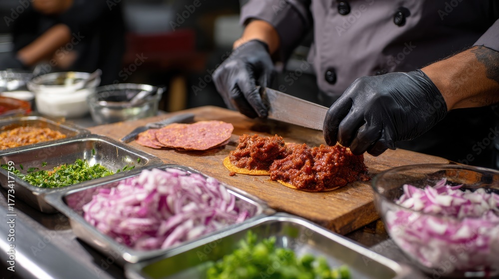 Obraz premium A chef is preparing food on a cutting board with a knife