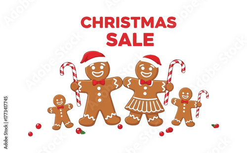 A happy gingerbread family with candy canes celebrates the Christmas sale event.
