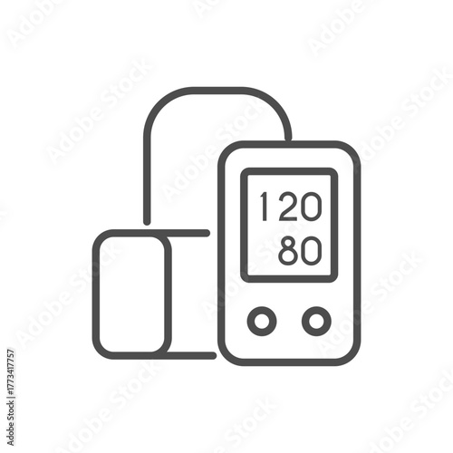 Blood pressure monitor line icon. Vector outline pictogram of digital sphygmomanometer with cuff, display showing systolic and diastolic readings, medical device for hypertension control.