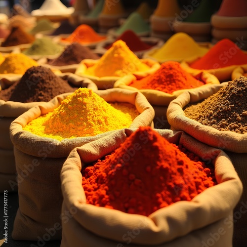 Indian colored spices at local market. travel, india, spice, bazaar, spice, bombay, delhi