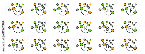 Dietary supplement and nutrient symbol collection. Applicable for science books or medical projects. Education or wellness usage. Vector icons isolated on white.
