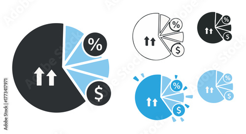 Pie chart icons with upward arrows, dollar signs, and percentage symbols, isolated on transparent background
