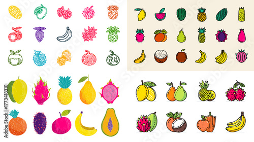 Vibrant hand-drawn tropical fruits collection featuring mango, banana, dragon fruit, and pineapple. Perfect for food packaging, summer design, and organic branding.