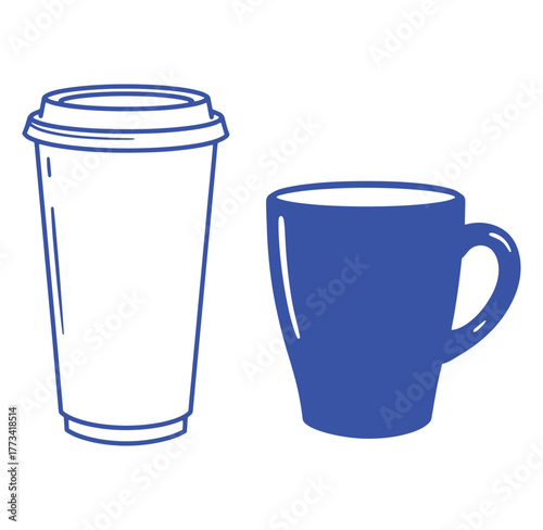 Hand drawn illustration of blue coffee mug and take away coffee cup on a white background
