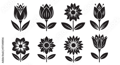 Collection of stylized black flower icons with stems and leaves isolated on transparent background