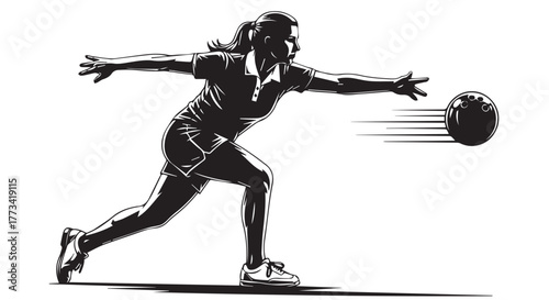 Silhouette of a woman bowling, throwing a ball with motion blur, isolated on transparent background