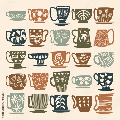 Hand Drawn Mug and Teacup Vector Set, Decorative Ceramic Cups, Pottery, and Kitchen Art Illustrations