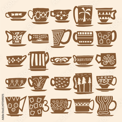 Hand Drawn Mug and Teacup Vector Set, Decorative Ceramic Cups, Pottery, and Kitchen Art Illustrations