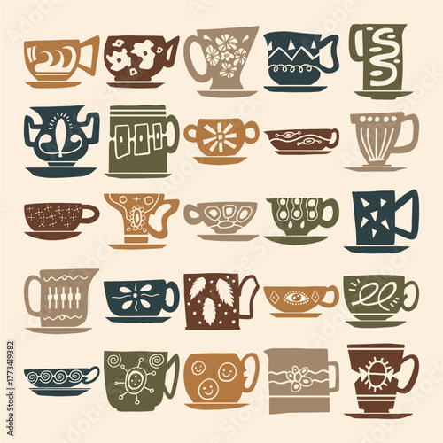 Hand Drawn Mug and Teacup Vector Set, Decorative Ceramic Cups, Pottery, and Kitchen Art Illustrations