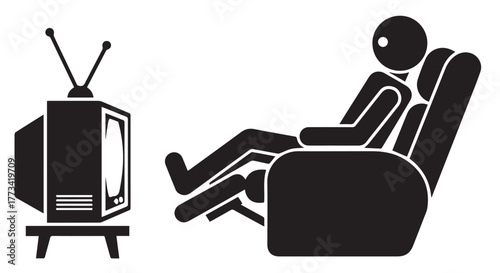 Person relaxing in a recliner watching an old television set, isolated on transparent background